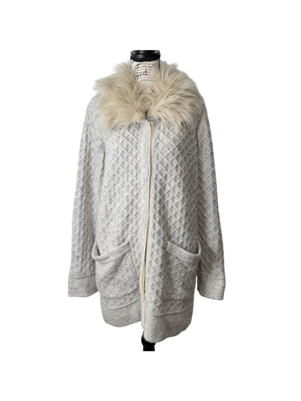 Coldwater Creek Womens XL Sweater Jacket Cardigan With Faux Fur Collar Pockets